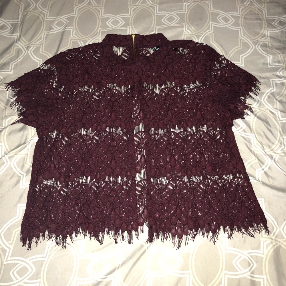 Burgundy Lace cover-up crop top with open back.